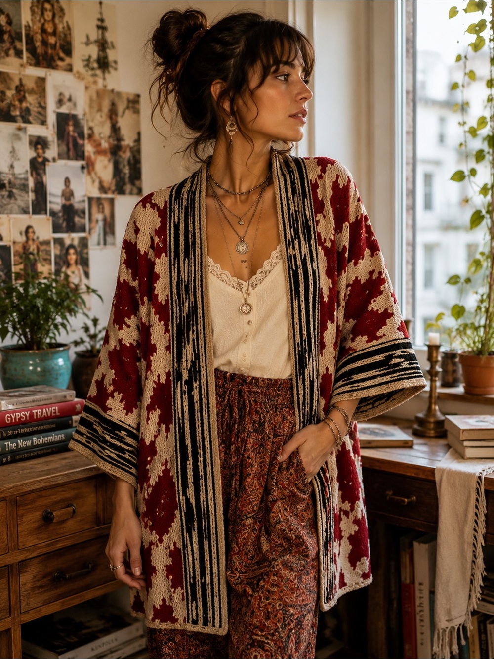 Lucky Brand Sequoia Intarsia Kimono Cardigan Boho Western Red Cream Sz S